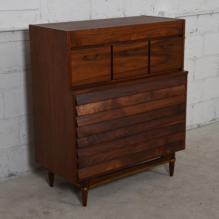Compact Walnut Mid Century Slatted Front Tall Chest of Drawers / Dresser