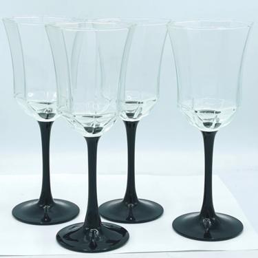 Vintage Set of four Octime Luminarc France 8 1/4&quot; Octagon Black Stem Wine Glasses 