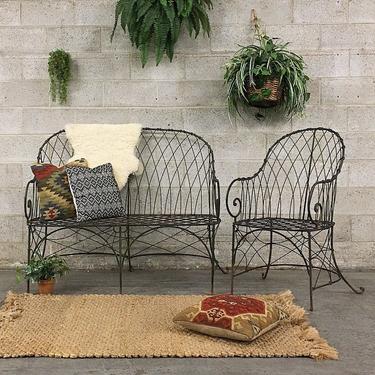 LOCAL PICKUP ONLY Vintage Patio Set Retro 1960s Matching Love Seat + Chair Set + Heavy + Cast Iron + Woven Curved Lattice Design + Outdoor 