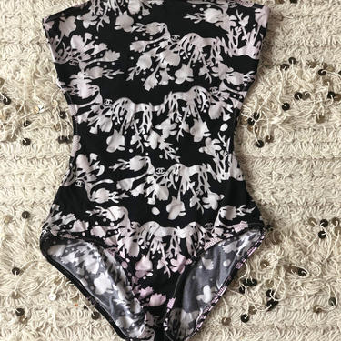 Vintage CHANEL CC Logo Monogram Floral Flowers Onsie Cut Out One Piece Swim Suit Swimwear Bodysuit Shapewear - RARE! Xs S eu 38 