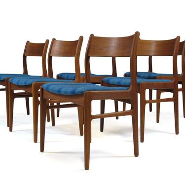 Funder-Schmidt and Madsen Teak Dining Chairs in Blue Wool - Set of 6