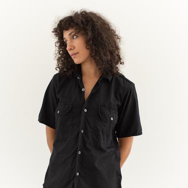 Vintage Black Short Sleeve Shirt | Microwaffle Overdye Flap Pocket Simple Cotton Work Blouse | XS S | 