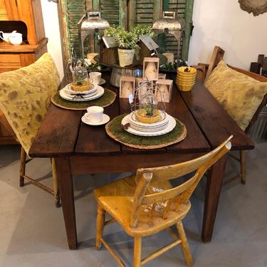 Farm Table, refinished top, tapered legs, pair of chippy yellow chairs 