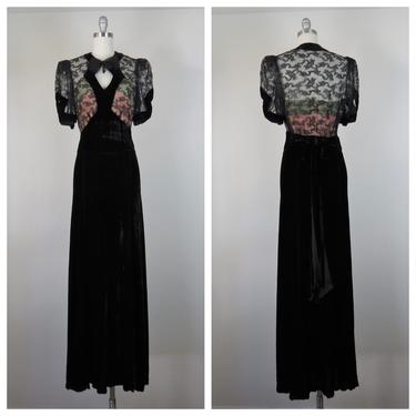 Vintage 1930s gown, silk velvet dress, full length, lace illusion neckline, size medium 