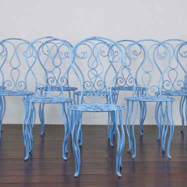 Set of 10 French Provincial Painted French Blue Wrought Iron Outdoor Chairs 