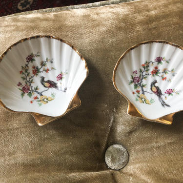 pair of vintage French Limoges porcelain shell dishes | small shell plates, painted flowers &amp; birds, 22K gold rim 
