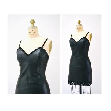 Stunning 90s 00s Y2K Black Leather Tank Dress Size XS Small// 90s Black Body Con Dress Leather Lace Dress Micheal Hoban small 