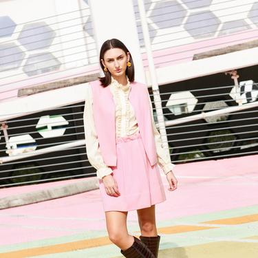 60s Bubblegum Pink Matching Set Vintage Vest Skirt Wool Set 