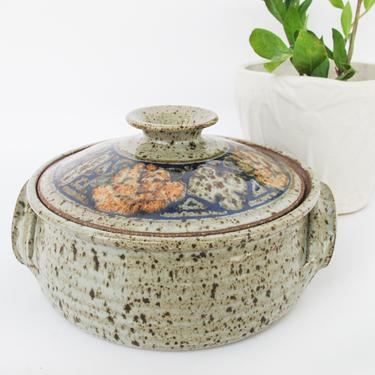 Vintage Hand Made Vibrant Colorful Speckled Grey Ceramic Pottery Pot with Floral Detailing and Lid 