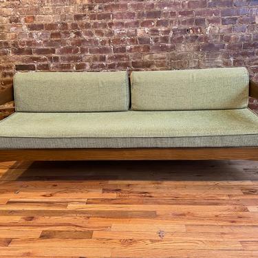 Mid century modern minimalist danish daybed sofa couch bed beautiful oak wood frame new upholstery green knoll fabric side arms 