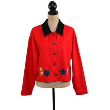 Winnie the Pooh and Piglet Embroidered Appliqued Red Wool Jacket , Disney Clothes Women Medium Large, 90s Vintage Clothing Christmas Holiday 