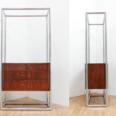 Mid Century Chrome and Walnut Cabinet by Lane Milo Baughman Style Media Dresser Etagere Glass 