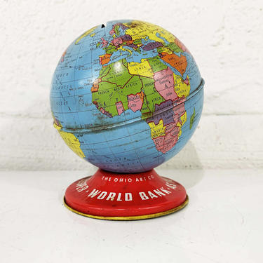 True Vintage Globe Bank Mid Century Ohio Art Tin Lithograph Metal World Map Mantique Baby Kids Room Decor Nursery 