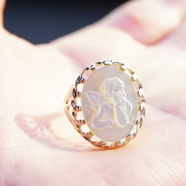 Vintage Sterling Silver Mother Of Pearl Cherub Cameo Ring, Classic Relief Carving Of Iridescent White Shell, Baby Cupid, Size 10 1/2 US 