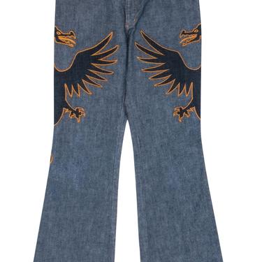 Moschino Jeans - Medium Wash Flared Jeans w/ Embroidered Dragon Design Sz 6