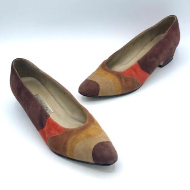 Vintage 1980s Earthtone Suede Color Block Pumps, 80s Fall Color Patchwork Low Heel Shoes, US Size 8 M 