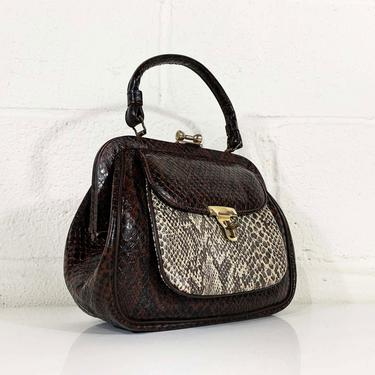 Vintage Brown Snakeskin Handbag 60s 1960s Hand Bag Evening Purse Black White Cute Mid-Century Mad Men Megan Draper 
