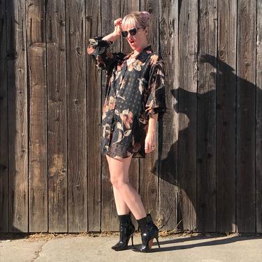 Vintage Oversized Shirt- 90s Sheer Mini Dress- Floral Print Blouse- 1990s Clothing- Grunge Clothes Women- Indie Fashion- One Size Fits Most 