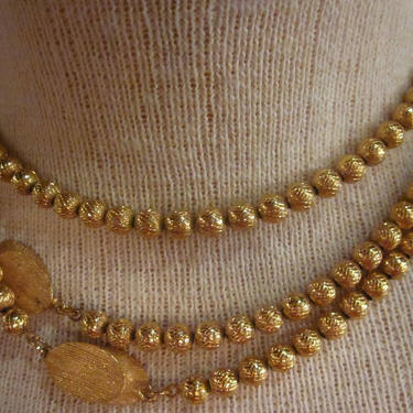 Vintage extra long gold tone with round beads and Flat beads - 50&amp;quot; Signed Trifari necklace 