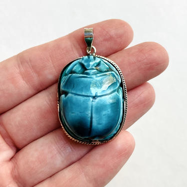 Huge Vintage / Antique 800 Silver Egyptian Turquoise Faience Scarab Pendant 