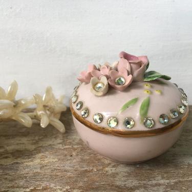 Vintage Lefton Pink Rhinestone Floral Ceramic Ring Box,  Small Round Pink Box With Flowers And Rhinestone, Shabby Chics 