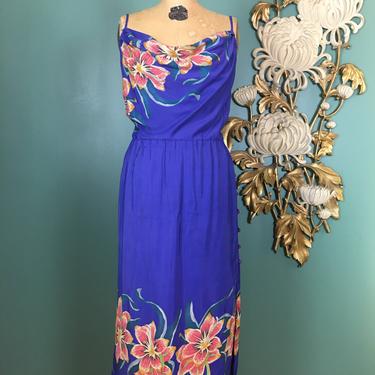 1970s sundress, tropical print, vintage 70s dress, tiger lily, draped rayon, Chenault, small medium, summer, spaghetti straps, rockabilly 