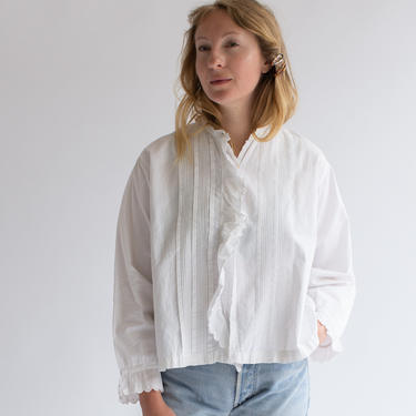 Sourced in France | Antique White Pintuck Shirt | Vintage Scallop Pleat Blouse Shirt | French Blouse 