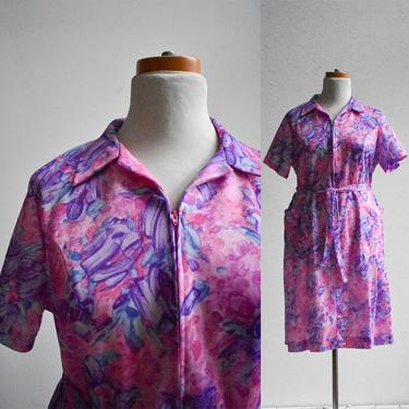 1970s Pink & Purple Shirt Dress with Belt 