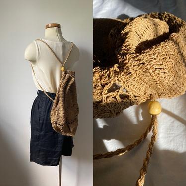 Straw Drawstring Backpack with Wood Details 