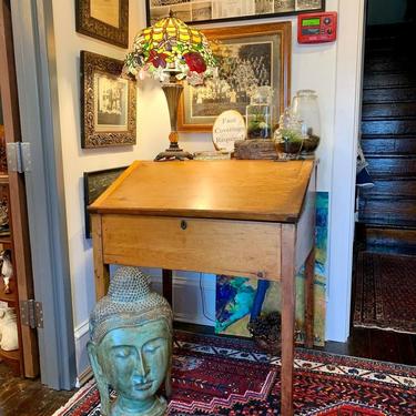 Antique pine writing desk with storage and drawers