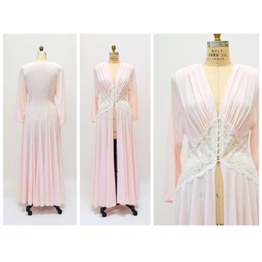 70s 80s Vintage Pink Nightgown Dress Robe Eve Stillman Medium Large // Vintage 40s inspired Pink Long Sleeve Night Gown Peignoir Lingerie 