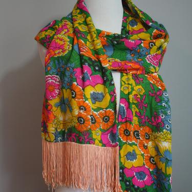 1970's Scarf // Neon Floral Print with Fringe // 