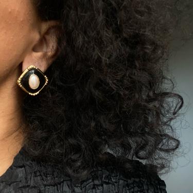 vintage oversized faux pearl and enamel statement feminine power dressing earrings 