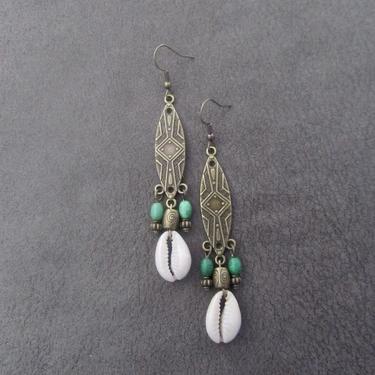 Cowrie shell earrings, tribal bronze earrings, gypsy bohemian earrings, bold statement earrings, African Afrocentric earrings, green 