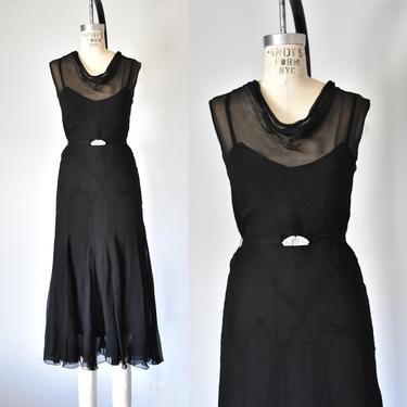 Zoe chiffon 1930s dress, art deco black dress, bias cut chiffon dress, drop waist 1920s dress, flapper vintage clothing 