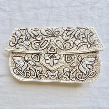 Vintage Art Deco Style White Beaded Clutch Purse Bridal Wedding Cocktail 1960's Made in Japan 