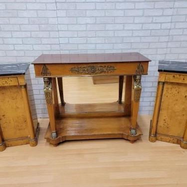 Antique Biedermeier Mirror Back Pier Console Table with 2 Marble Top Side Chests - 3 Piece Set