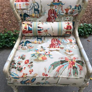 Vintage chinoiserie faux bamboo chair with Brunshwig and Fils Le Lac fabric 