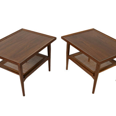 Drexel Declaration Walnut Side Tables   Mid Century Modern Kipp Stewart 