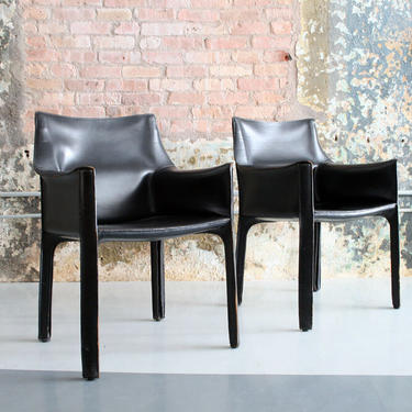 Black Leather 'Cab' Arm Chairs by Mario Bellini for Cassina
