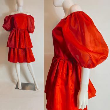 Vintage Red Puff / Balloon Sleeve Peplum Dress 1980s 