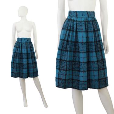 1960s Blue Plaid Wool Skirt - 60s Blue Skirt - 1960s A-Line Skirt - 60s Pleated Skirt - 60s Plaid Skirt - Vintage Plaid Skirt | Size Small 