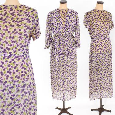 30s Purple Floral Dress | Purple Print Chiffon Day Dress &amp; Jacket | Large 