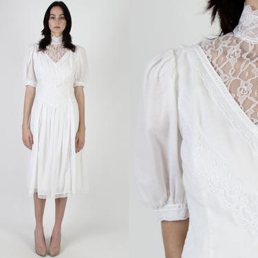 Vintage 80s All White Gunne Sax Dress Plain Lace Trim 1980s Simple Romantic Sheer Floral Large Puff Sleeves Below Knee Midi Dress by americanarchive