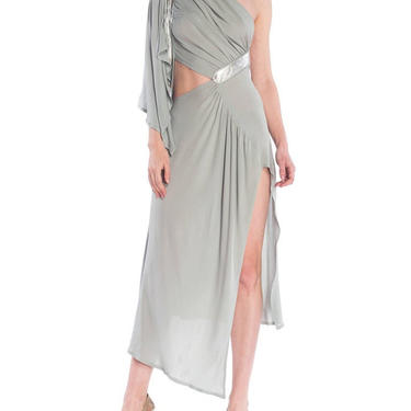 Morphew Collection Seafoam Grey Silk Jersey Draped Cut-Out Cocktail Dress 