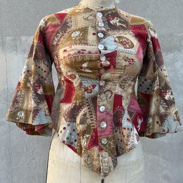 Antique Victorian Crazy Quilt Print Blouse Top Bell Sleeves Spiders Figural Dice