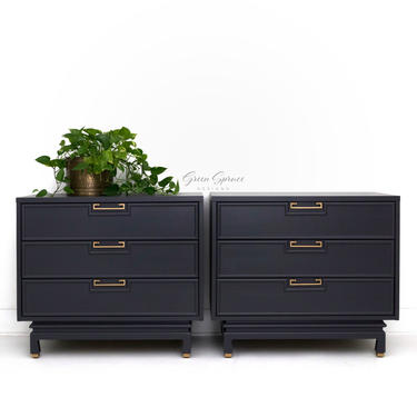Set of Two Hand Painted Modern Nightstands, Pair of Dark Gray Mid Century Bedside Tables, Small Dressers, Two Matching Chest of Drawers, 