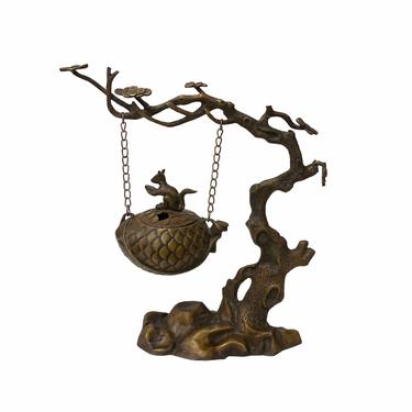 Chinese Rustic Bronze Metal Squirrel Tree Swing Incense Holder ws1658E 