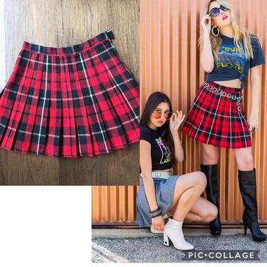 Vintage 80s Tartan Mini Skirt School girl Skirt Plaid High waist Pleated  Circle Skater Small 