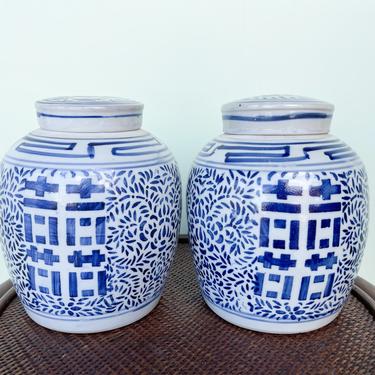 Pair of Blue and White Temple Jars